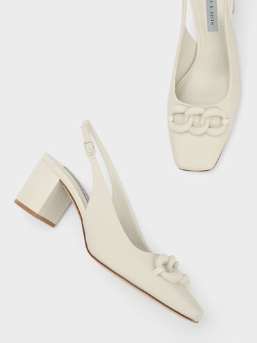 Chunky Chain-Link Slingback Pumps, Chalk, hi-res