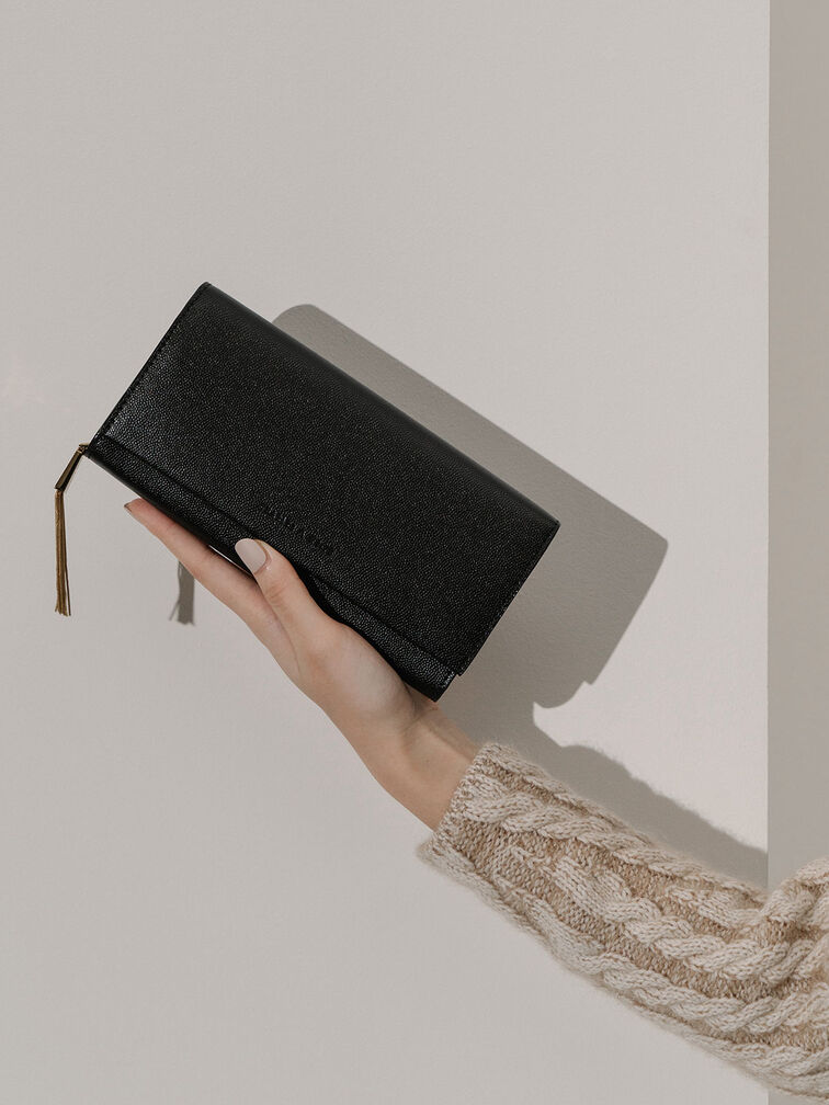 Tassel Detail Long Wallet, Black, hi-res