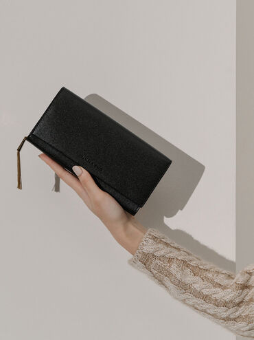 Tassel Detail Long Wallet, Black, hi-res