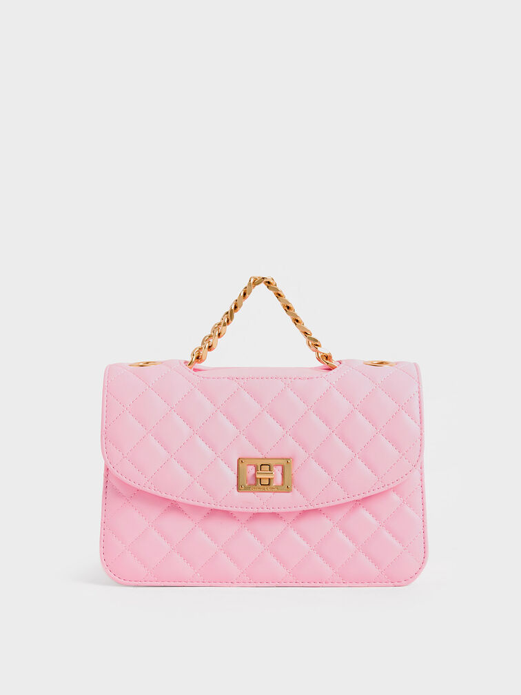 Mini Square Bag Quilted Twist Lock Flap PU Pink