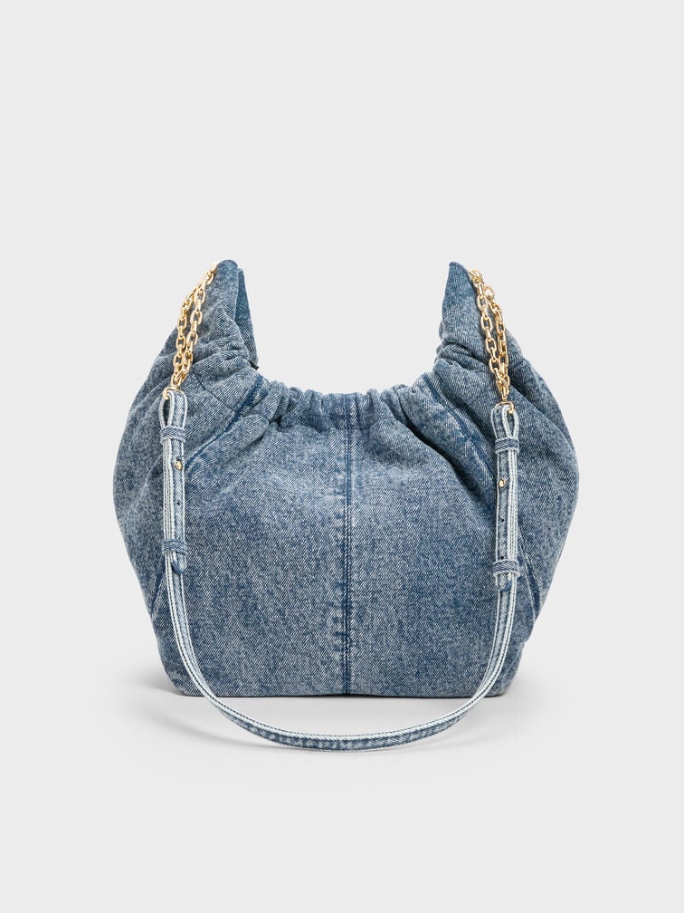 Ciara Denim Ruched Hobo Bag, Denim Blue, hi-res