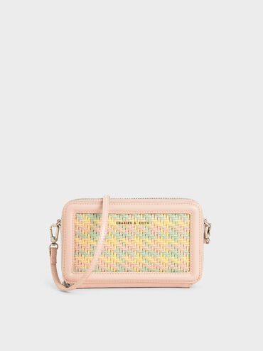Woven Zip Around Wallet, Pink, hi-res