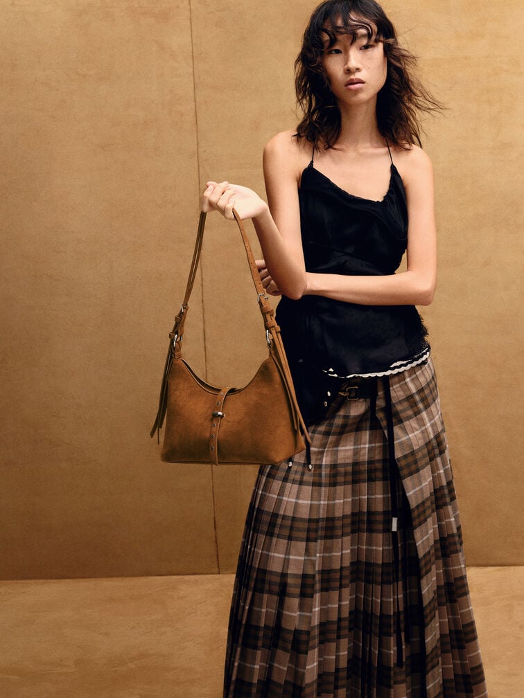 Lark Recycled Suede Studded Belted Shoulder Bag, Sienna Brown, hi-res