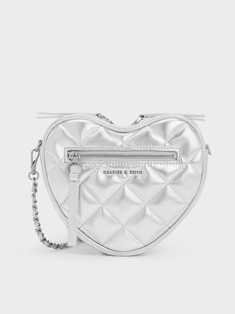 Philomena Metallic Quilted Heart Crossbody Bag, Silver, hi-res