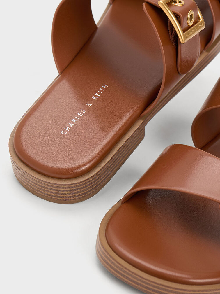 Buckled Double Strap Slide Sandals, Cognac, hi-res