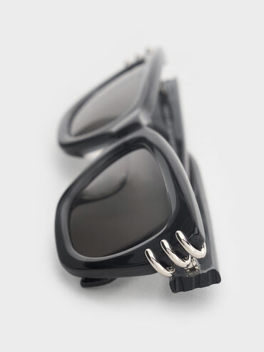 Recycled Acetate Metallic-Accent Angular Cat-Eye Sunglasses, Noir, hi-res