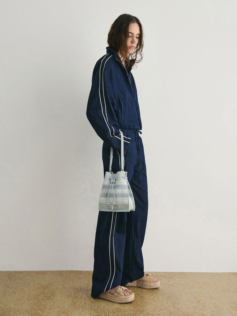 Ida Checkered Knitted Bucket Bag, Sea Salt Blue, hi-res
