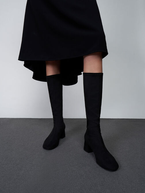 Textured Block Heel Knee Boots, Black Textured, hi-res