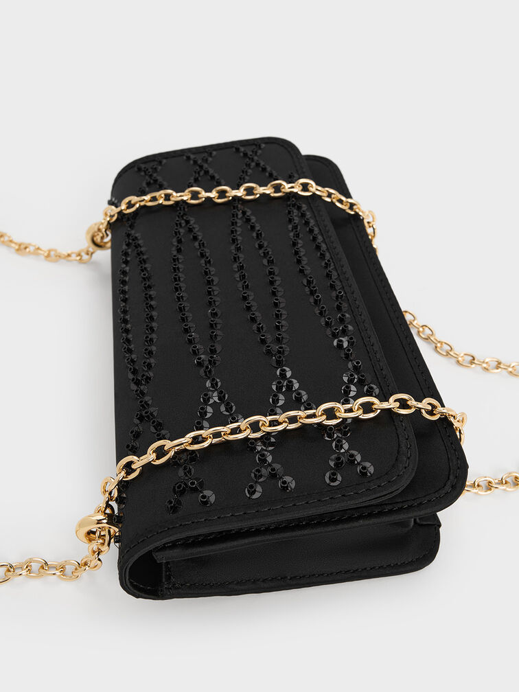 Satin Sequinned Chain-Handle Mini Bag, Black, hi-res