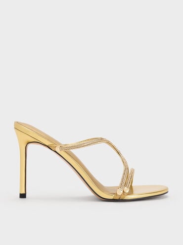 Metallic Braided Strappy Heeled Mules, Gold, hi-res