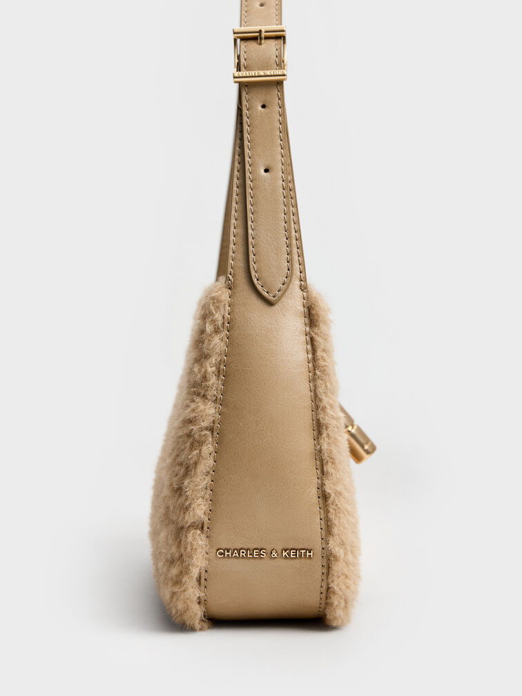 Cesia Faux Shearling Metallic-Accent Shoulder Bag, Nutmeg Beige, hi-res
