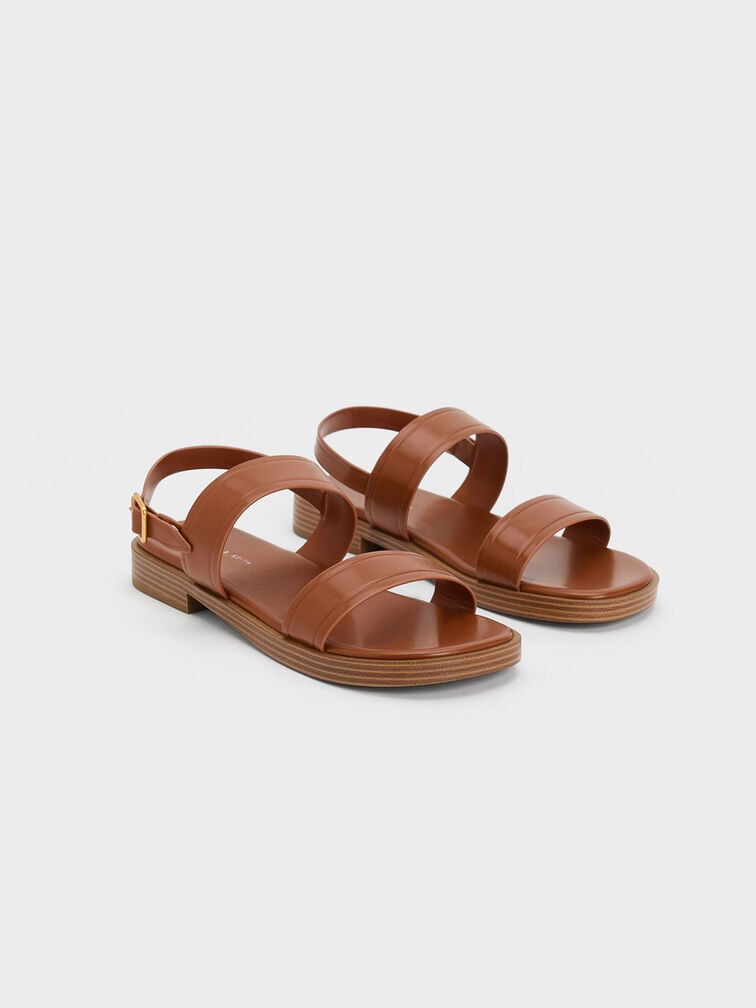 Buckled Double Strap Sandals, Cognac, hi-res