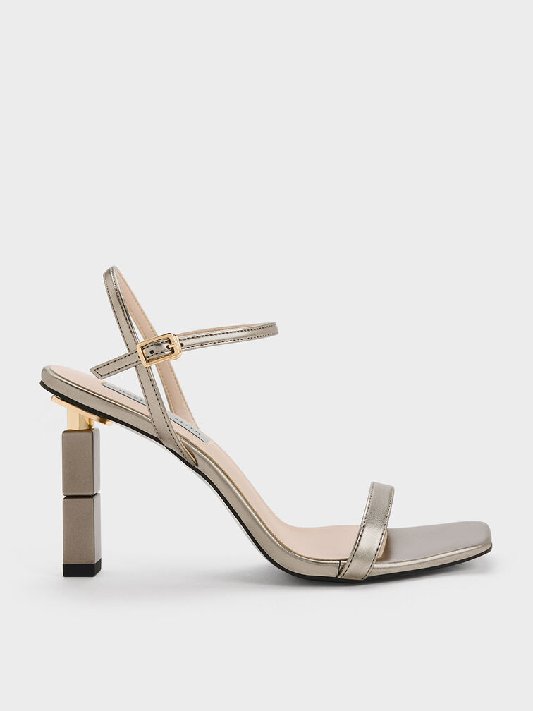 Metallic Sculptural Heel Sandals, Pewter, hi-res
