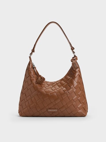 Ivette Woven Tassel Hobo Bag, Chocolate, hi-res
