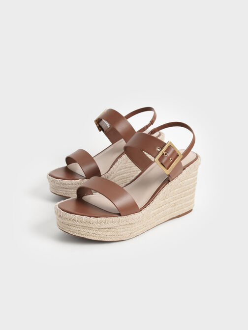 Buckled Espadrille Wedges, Brown, hi-res