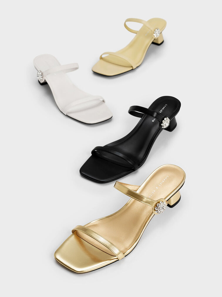 Gem Embellished Metallic Trapeze Heel Mules, Gold, hi-res