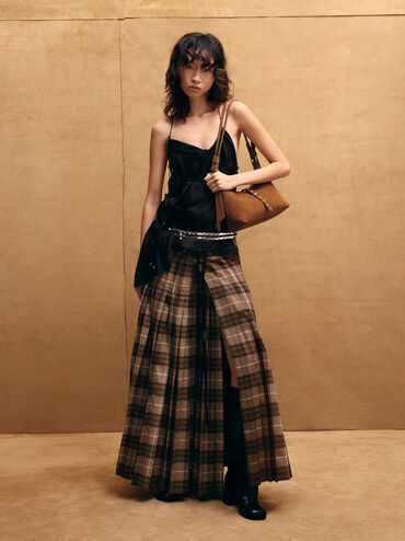 Lark Recycled Suede Studded Belted Shoulder Bag, Sienna Brown, hi-res