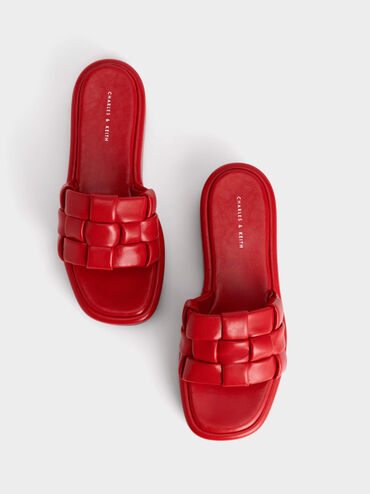 Interwoven Strap Platform Sandals, Red, hi-res