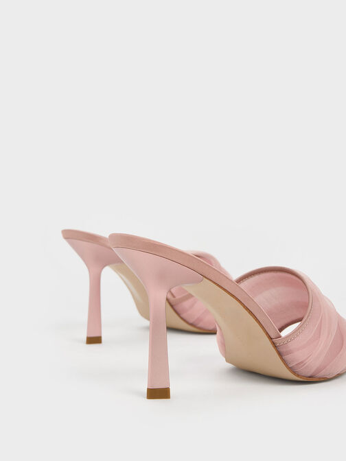 Recycled Polyester & Chiffon Ruched Heeled Mules, Nude, hi-res