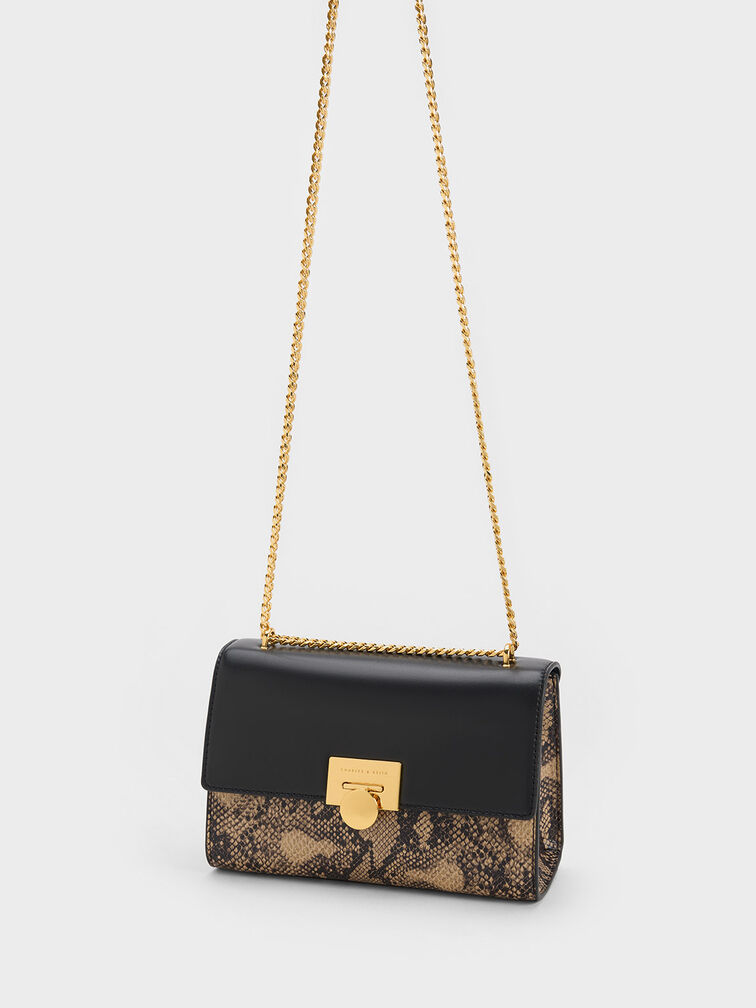 Snake Print Metallic Accent Clutch, Beige, hi-res