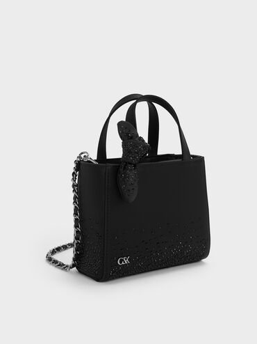 Mini Albany Leather Crystal-Embellished Knot-Bow Bag, Black, hi-res
