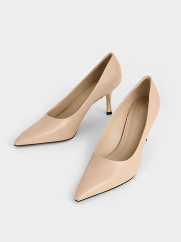 Sculptural Heel Pointed-Toe Pumps, Beige, hi-res