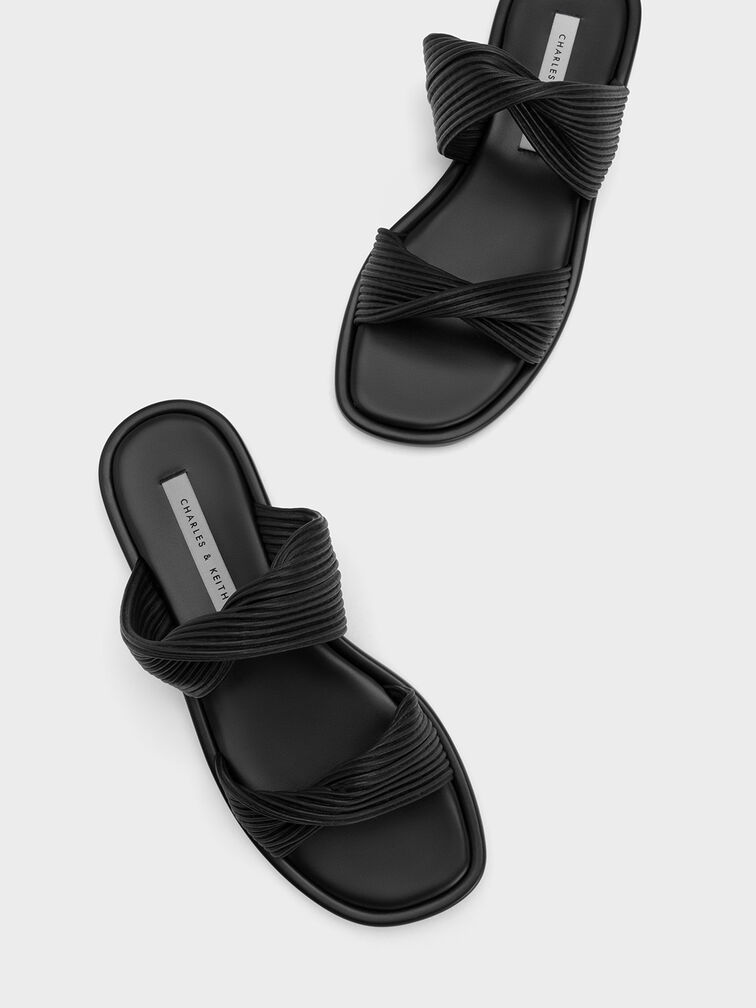 Pleated Twist Strap Slides, Black, hi-res