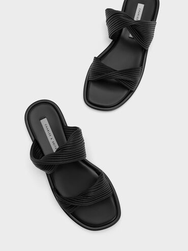 Pleated Twist Strap Slides, Black, hi-res