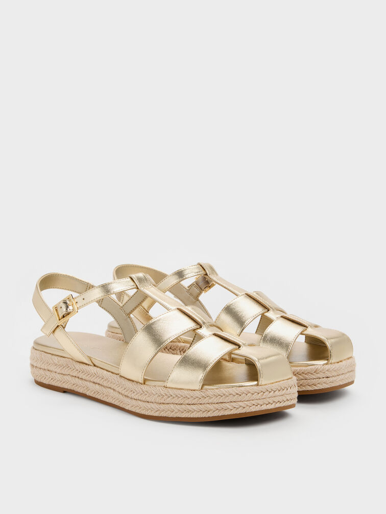 Metallic Caged Flatform Espadrille Sandals, Light Gold, hi-res