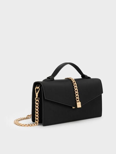 Taisia Satin Chain-Strap Envelope Bag, Black, hi-res