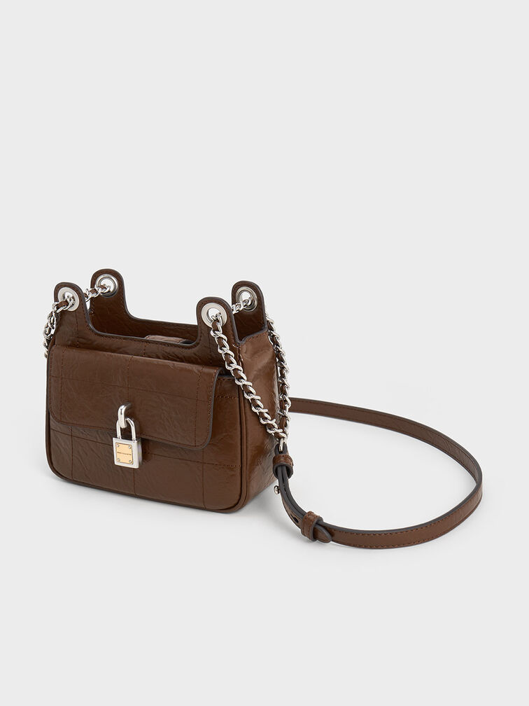 Suki Crinkle-Effect Padlock Shoulder Bag, Dark Brown, hi-res