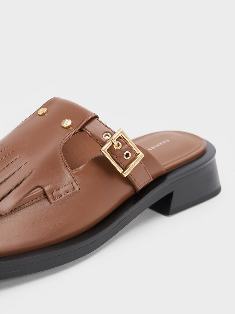 Studded Cut-Out Fringe Mules, Brown, hi-res