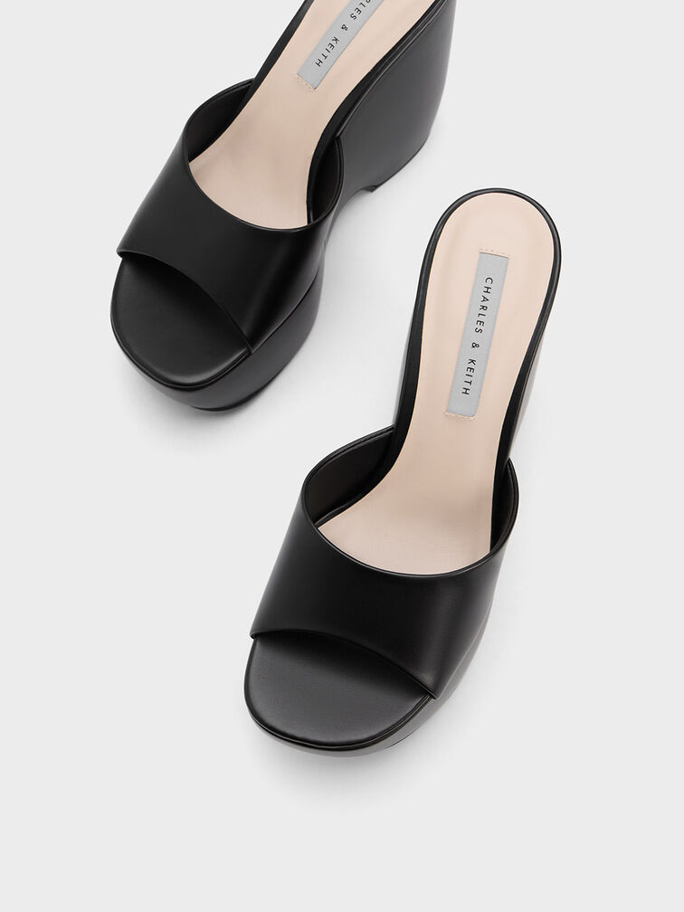 Chunky Platform Wedge Mules, Black, hi-res