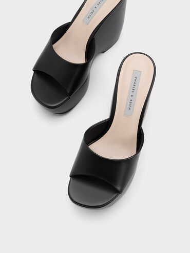 Chunky Platform Wedge Mules, Black, hi-res