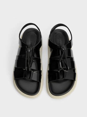 Patent Drawstring Lace-Up Sandals, Black Patent, hi-res