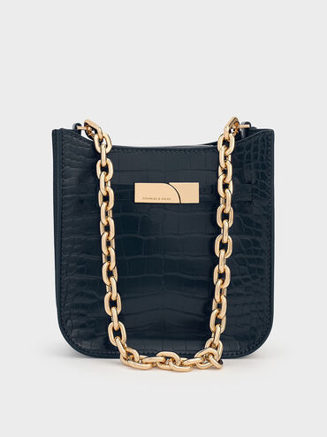 Aurelia Croc-Effect Metallic-Accent Crossbody Bag, Navy, hi-res