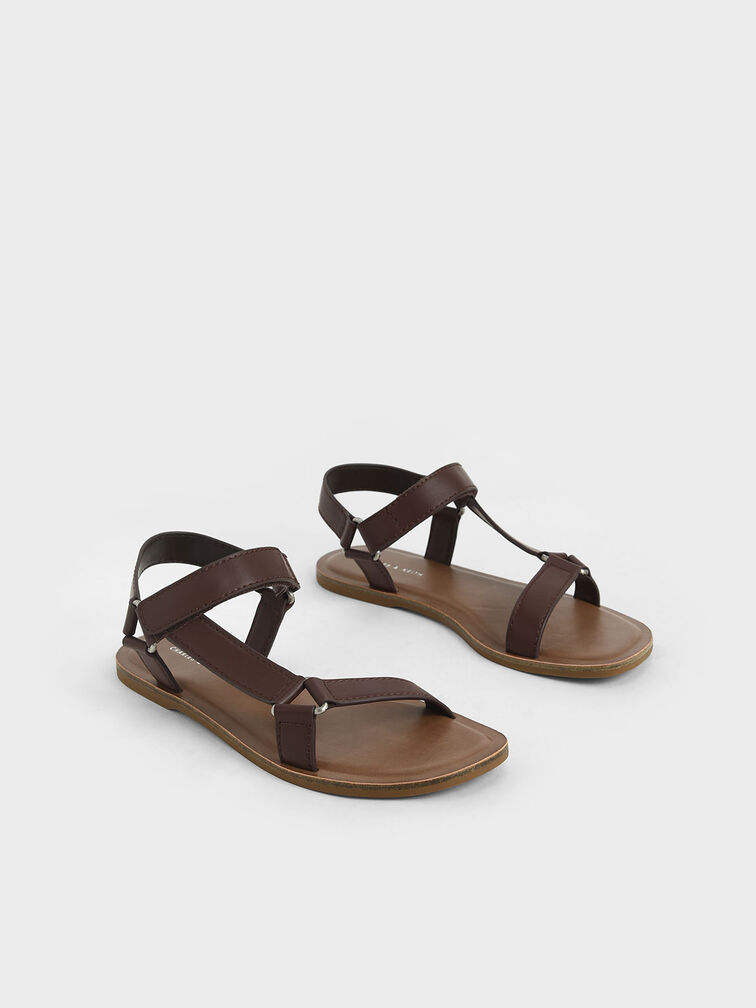 Asymmetric Strap Sandals, Dark Brown, hi-res