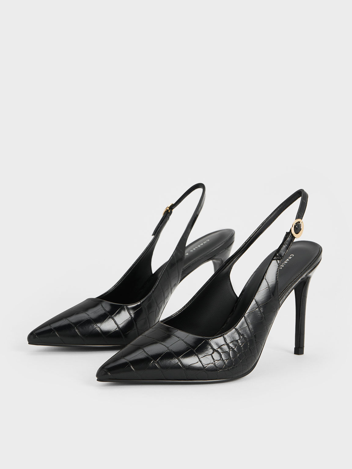 Croc Embossed Stiletto Heel Slingback Pumps Animal Print Black