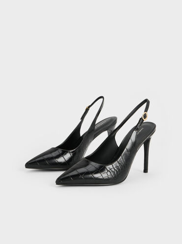 Croc-Embossed Stiletto Heel Slingback Pumps, Animal Print Black, hi-res
