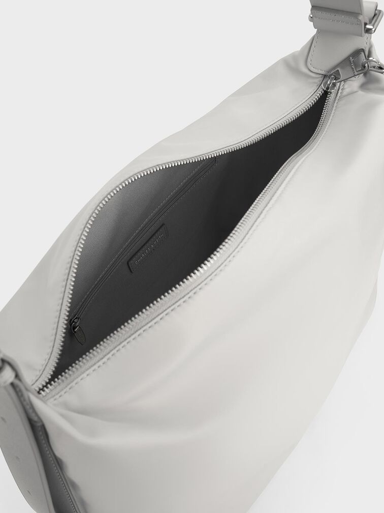 Nylon Chain-Link Slouchy Shoulder Bag, Light Grey, hi-res