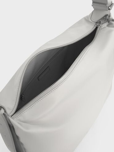 Nylon Chain-Link Slouchy Shoulder Bag, Light Grey, hi-res