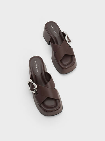 Flower-Buckle Crossover Platform Mules, Dark Brown, hi-res
