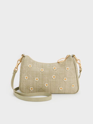 Philomena Raffia Flower Crossbody Bag, Pale Olive, hi-res