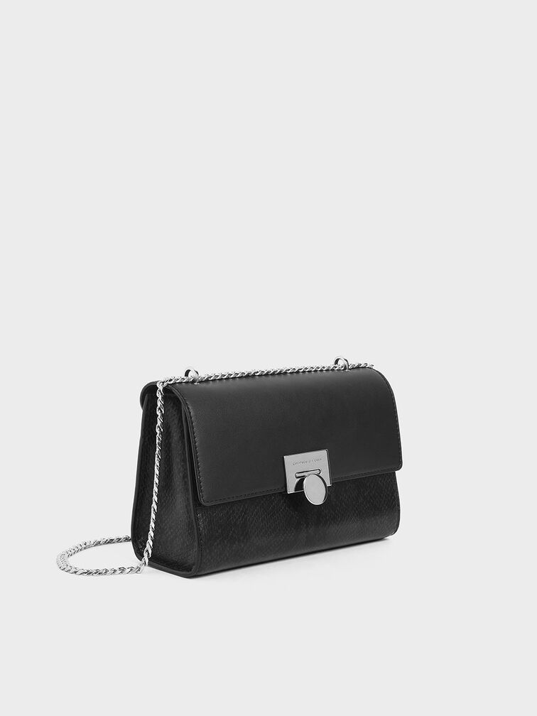 Snake Print Chain Strap Clutch, Black, hi-res