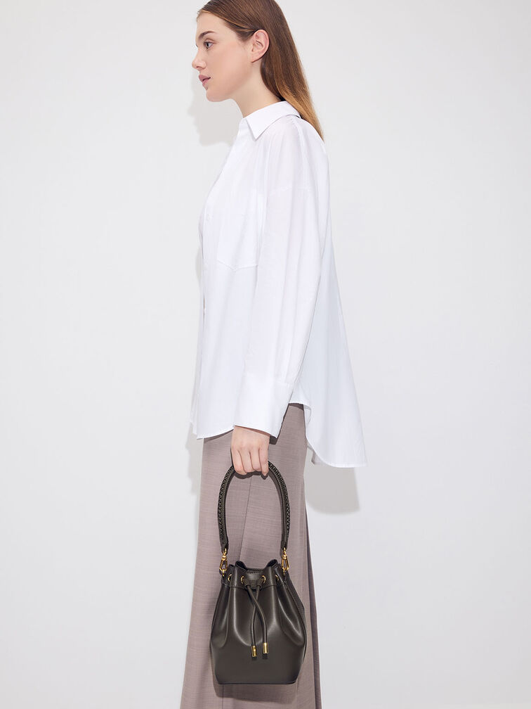 Braided-Handle Drawstring Bucket Bag, Dark Moss, hi-res