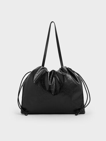 Bethel Crinkle-Effect Ruched Drawstring Tote Bag, Black, hi-res
