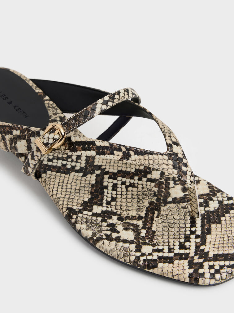 Snake-Print Buckled Thong Wedge Sandals, Animal Print Natural, hi-res