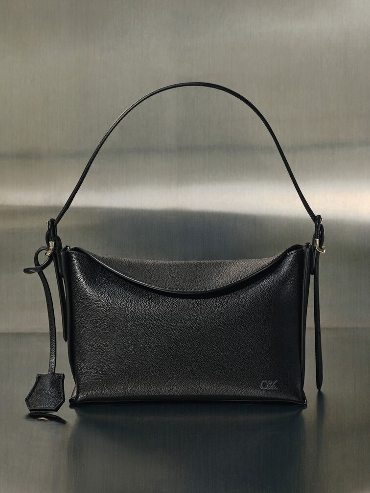 Leather Top-Flap Hobo Bag, Black, hi-res
