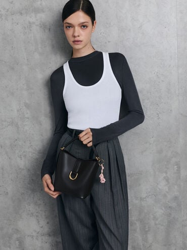 Gabine Leather Belted Top-Handle Bucket Bag, Black, hi-res