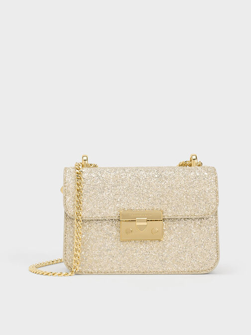 Glittered Push-Lock Chain-Handle Bag, Ivory, hi-res